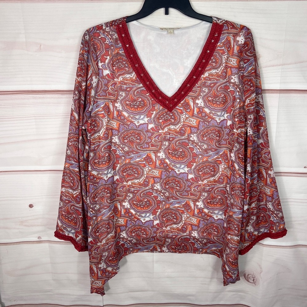 Maria Gabrielle Top Womens 3X Red Orange Paisley Blouse Chiffon Kimono Sleeve